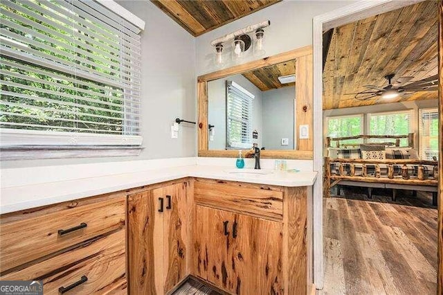 bathroom with hardwood / wood-style flooring, ceiling fan, vanity, and wood ceiling