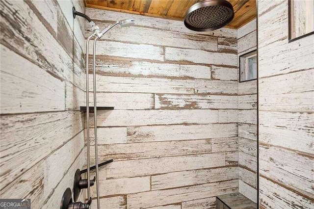 details with wood ceiling and walk in shower