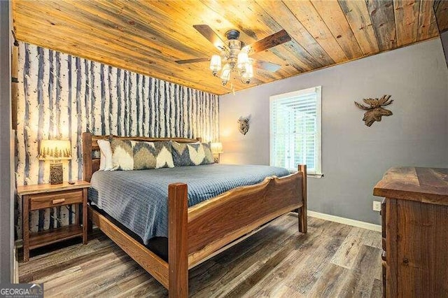 bedroom with wooden ceiling, hardwood / wood-style floors, and ceiling fan