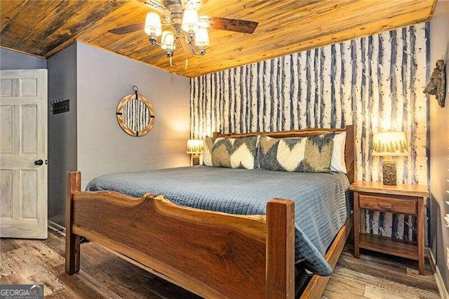 bedroom featuring wood ceiling, ceiling fan, vaulted ceiling, and hardwood / wood-style flooring