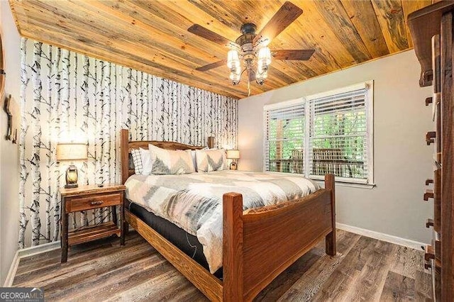 bedroom featuring hardwood / wood-style flooring, ceiling fan, and wood ceiling