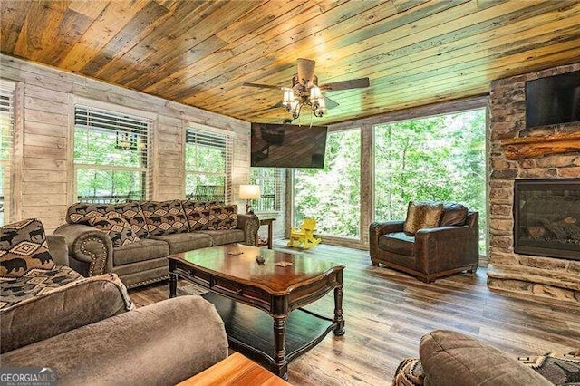 living room featuring wood ceiling, a healthy amount of sunlight, a stone fireplace, and wood-type flooring