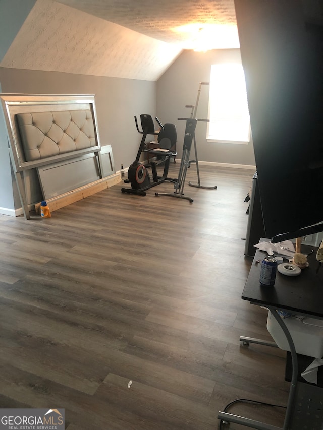 workout area featuring vaulted ceiling and dark hardwood / wood-style flooring