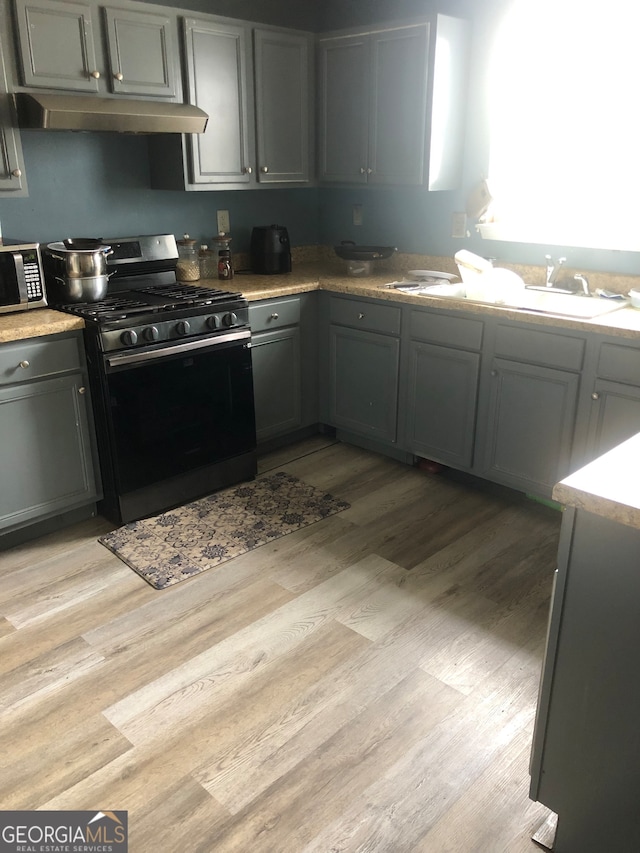 kitchen with sink, appliances with stainless steel finishes, light hardwood / wood-style floors, and gray cabinetry