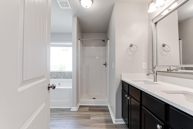 bathroom with double vanity and separate shower and tub