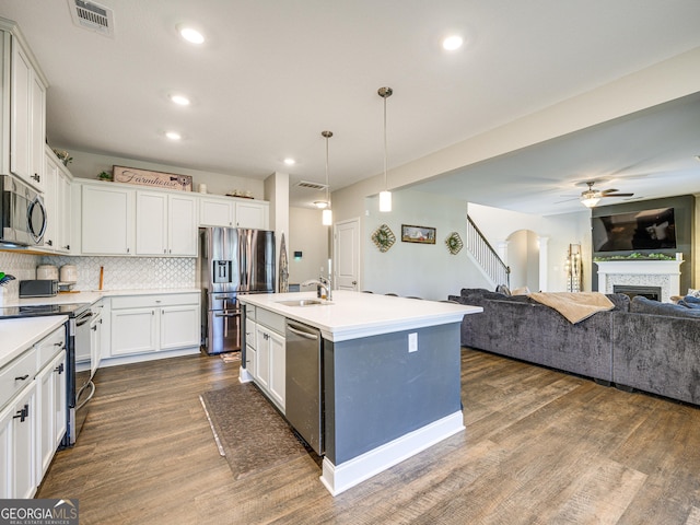 kitchen featuring a fireplace, a sink, appliances with stainless steel finishes, tasteful backsplash, and dark wood finished floors