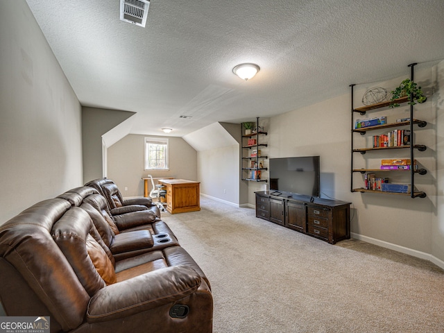 living room featuring light carpet, baseboards, visible vents, vaulted ceiling, and a textured ceiling