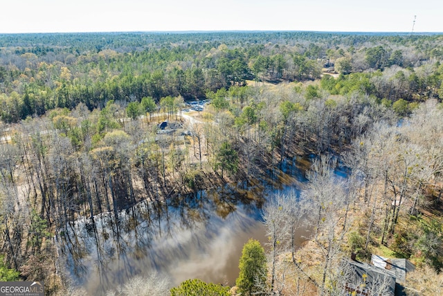 bird's eye view with a water view and a forest view