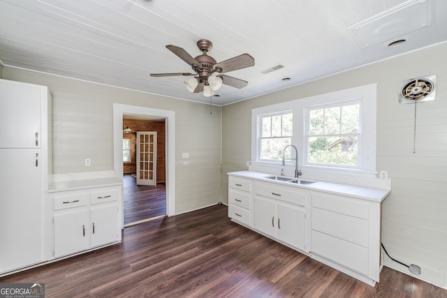 interior space with white cabinetry, ornamental molding, sink, dark hardwood / wood-style flooring, and ceiling fan