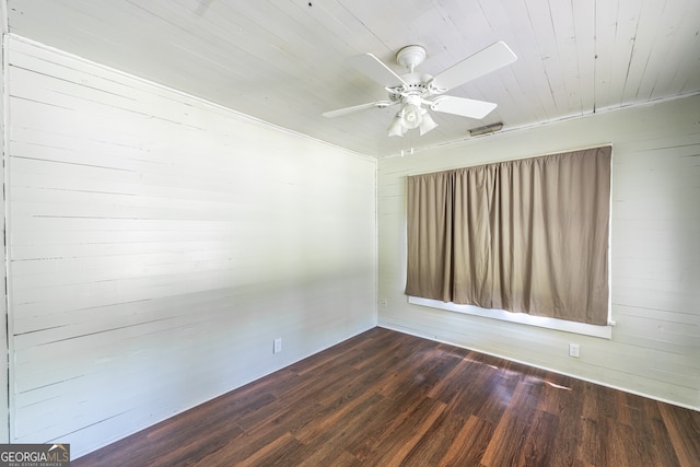 unfurnished room with ceiling fan, wooden ceiling, and wood-type flooring