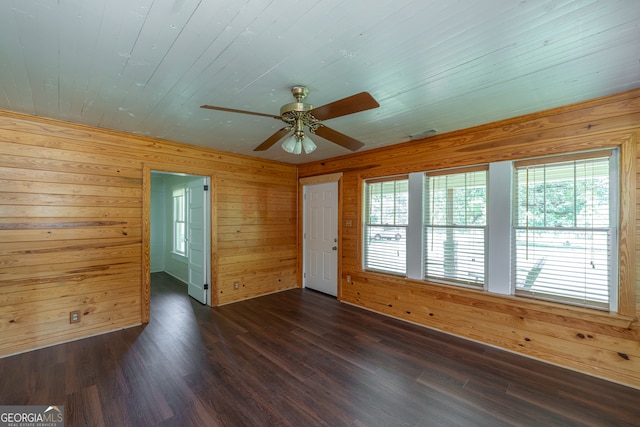 interior space with hardwood / wood-style flooring, wooden walls, and plenty of natural light