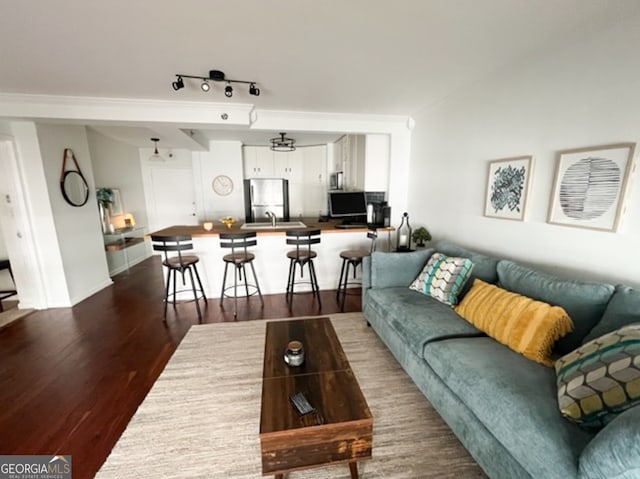 living room with hardwood / wood-style flooring and track lighting