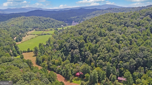 birds eye view of property featuring a mountain view and a wooded view