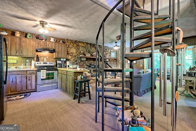 605 W Wildcat Rd, Clarkesville, GA 30523 - kitchen featuring electric stove, a ceiling fan, under cabinet range hood, light carpet, and light countertops