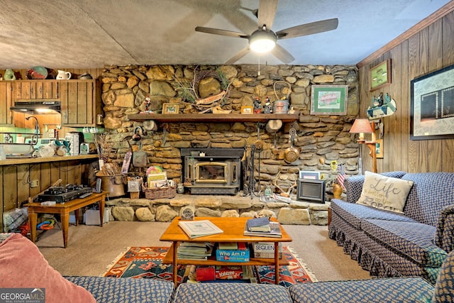 605 W Wildcat Rd, Clarkesville, GA 30523 - living room with carpet floors, ceiling fan, and wood walls