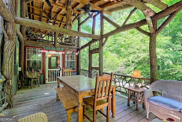 605 W Wildcat Rd, Clarkesville, GA 30523 - sunroom / solarium featuring lofted ceiling, ceiling fan, and outdoor dining area
