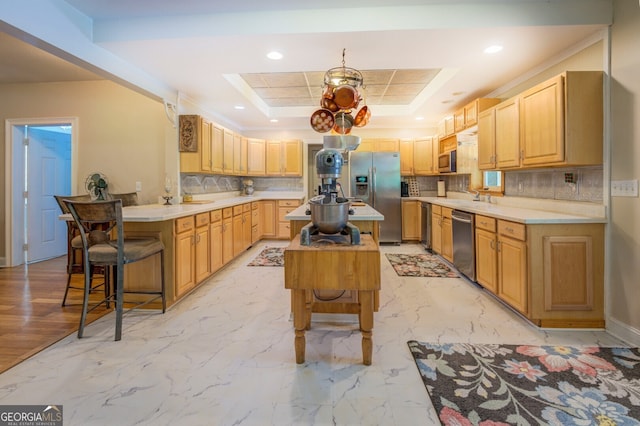 kitchen featuring a raised ceiling, appliances with stainless steel finishes, light hardwood / wood-style flooring, and backsplash