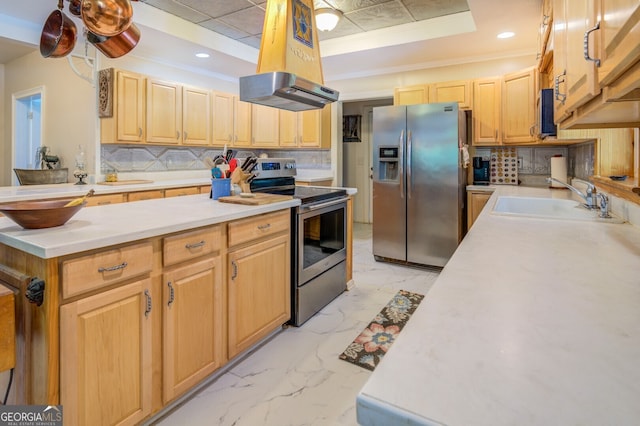 kitchen featuring appliances with stainless steel finishes, tasteful backsplash, sink, a raised ceiling, and light tile patterned flooring