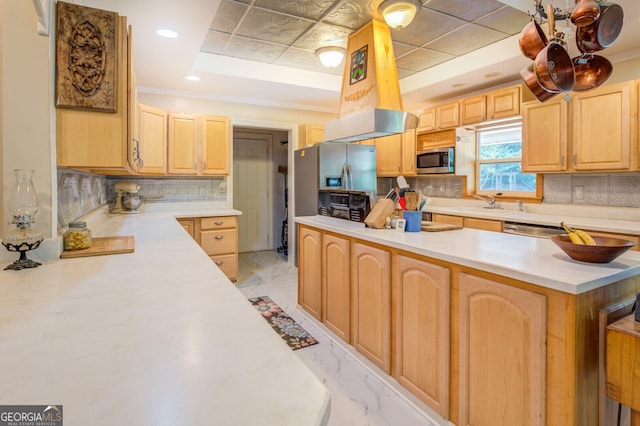 kitchen with light tile patterned flooring, appliances with stainless steel finishes, crown molding, and decorative backsplash