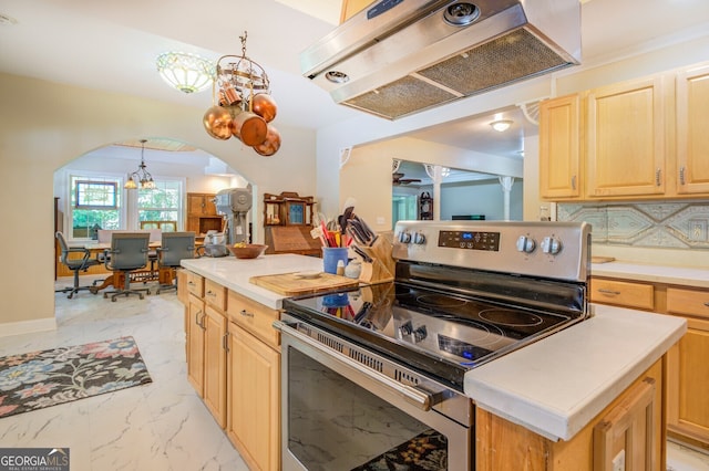 kitchen featuring tasteful backsplash, electric stove, light brown cabinets, light tile patterned floors, and custom exhaust hood