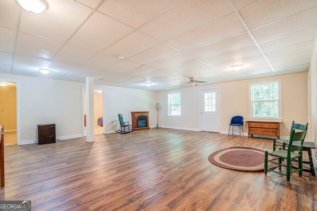 living area with a drop ceiling, ceiling fan, and hardwood / wood-style flooring