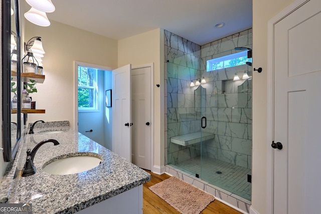 bathroom featuring vanity, a shower with door, and hardwood / wood-style floors