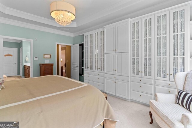 bedroom featuring a raised ceiling and light carpet