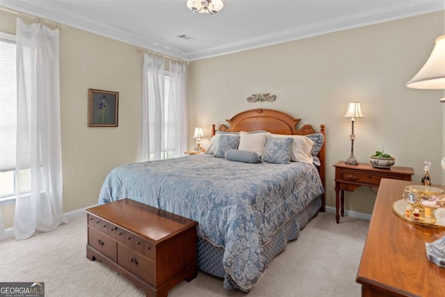 bedroom featuring ornamental molding and light carpet