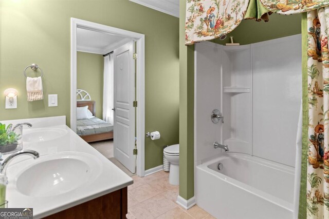 full bathroom featuring toilet, tile patterned flooring, double sink vanity, shower / tub combo, and crown molding