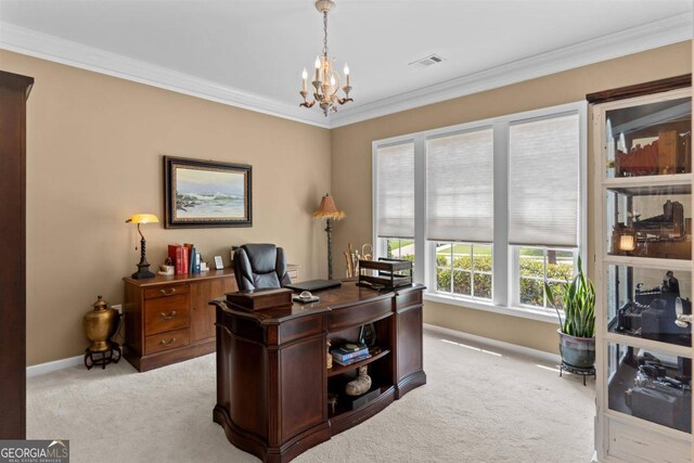 office area featuring light carpet, a notable chandelier, and crown molding