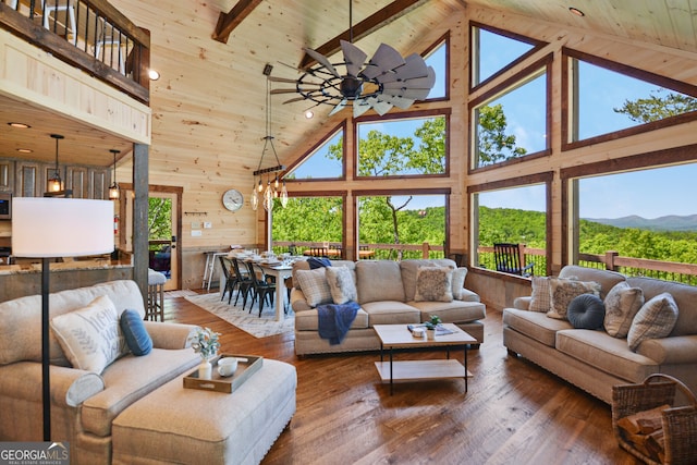 living room featuring hardwood / wood-style flooring, high vaulted ceiling, wooden walls, and wooden ceiling