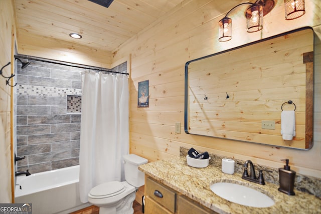 full bathroom with shower / tub combo with curtain, wooden walls, wooden ceiling, and vanity