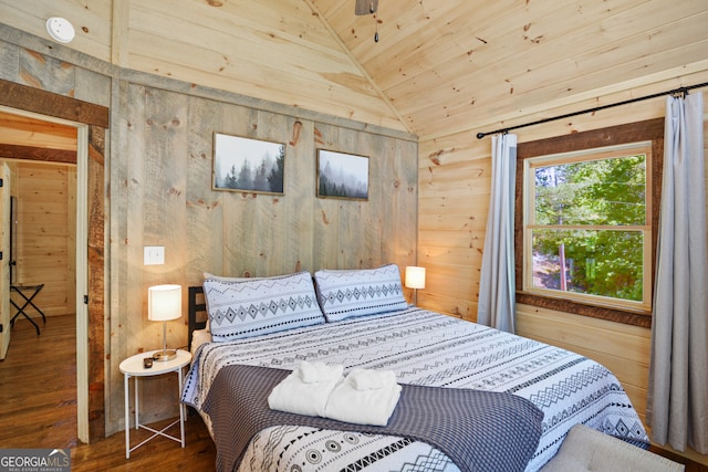 bedroom featuring wood walls, hardwood / wood-style flooring, wood ceiling, and lofted ceiling