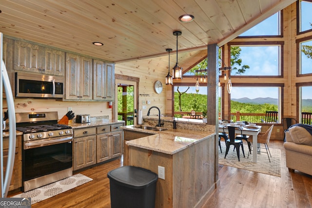 kitchen featuring stainless steel appliances, sink, an island with sink, dark wood-type flooring, and wooden ceiling