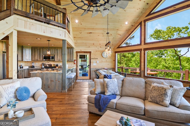 living room with dark hardwood / wood-style flooring, high vaulted ceiling, and wood walls