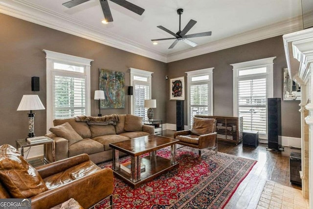 living room with ceiling fan, hardwood / wood-style floors, and ornamental molding