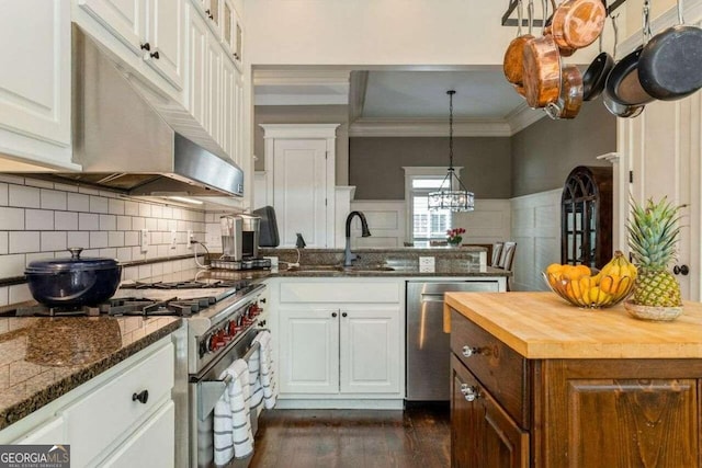 kitchen featuring sink, dark hardwood / wood-style flooring, appliances with stainless steel finishes, decorative backsplash, and crown molding