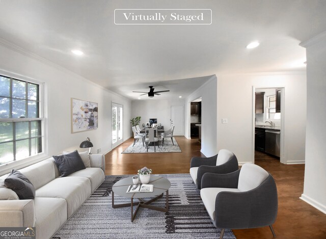 living room with ceiling fan, dark hardwood / wood-style floors, sink, and crown molding