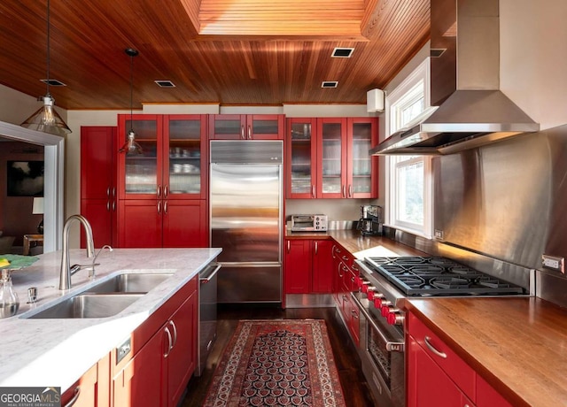 kitchen featuring wall chimney exhaust hood, premium appliances, wooden ceiling, decorative light fixtures, and sink