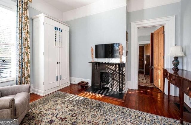 living room with dark hardwood / wood-style floors