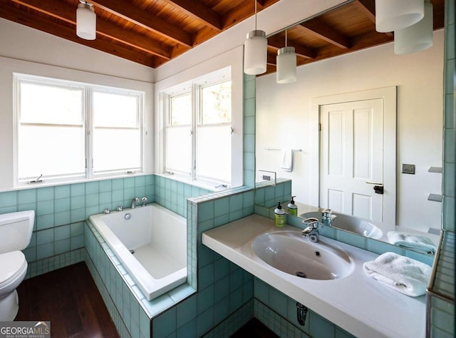 bathroom featuring wooden ceiling, tile walls, a bathing tub, and toilet