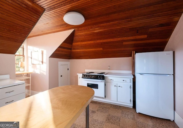 kitchen with lofted ceiling, white cabinets, white appliances, and wooden ceiling