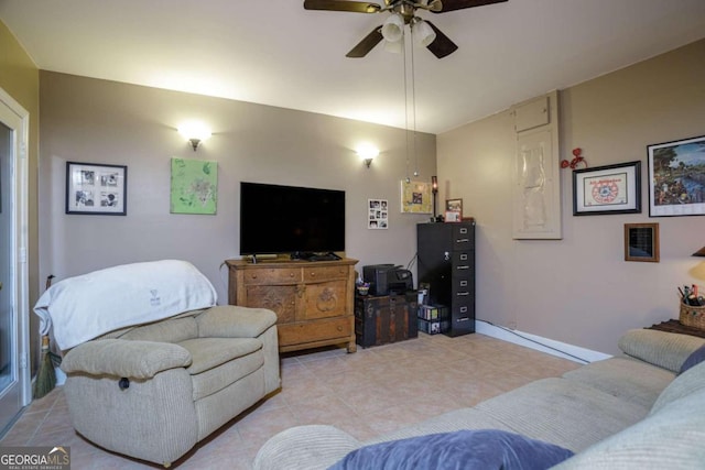 living room featuring ceiling fan and light tile patterned floors