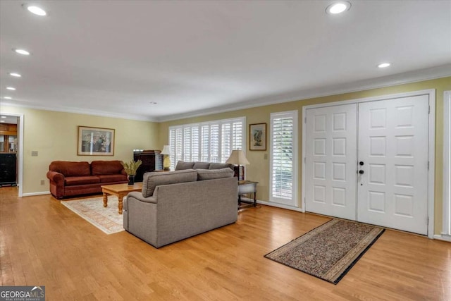 living room featuring crown molding and light wood-type flooring