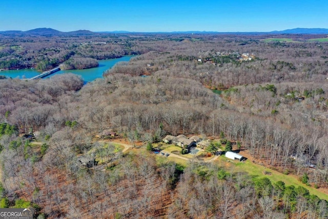 drone / aerial view featuring a water and mountain view