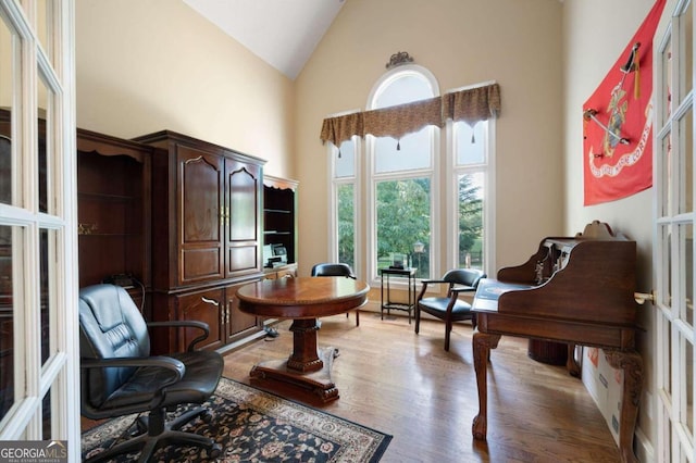 living area featuring light hardwood / wood-style flooring, high vaulted ceiling, and french doors