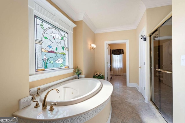 bathroom with crown molding, shower with separate bathtub, and tile patterned floors