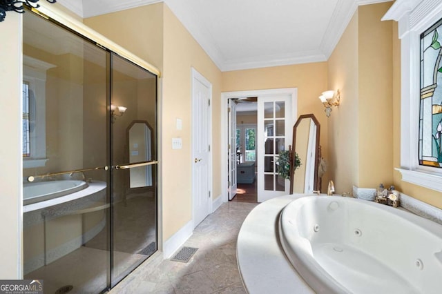 bathroom featuring tile patterned flooring, french doors, shower with separate bathtub, and ornamental molding