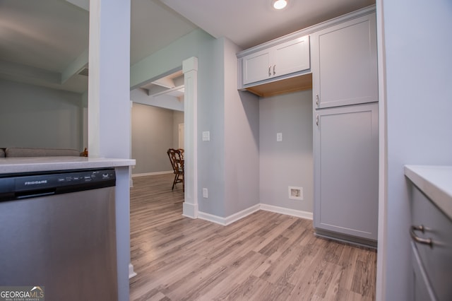 kitchen with white cabinets, light wood-type flooring, and stainless steel dishwasher