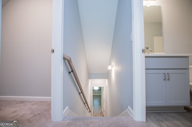 staircase featuring carpet and sink